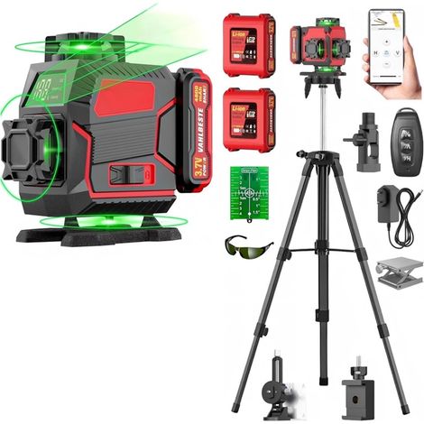 Niveau Laser avec Trepied, 4D 16 Lignes Laser Chantier avec 2x4800mAh Batterie et Affichage LED, Niveau Laser 360 Autonivelant, Télécommande, APP, IP54 pour la Construction