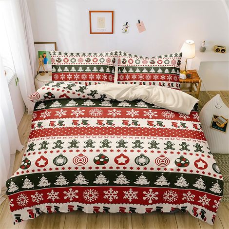 Parure de lit 155 x 200 cm, pour fille, garçon, beige, vert, rouge, motif à carreaux, flocons de neige, 1 housse de couette et 2 taies d'oreiller de 80 x 80 (1/5)