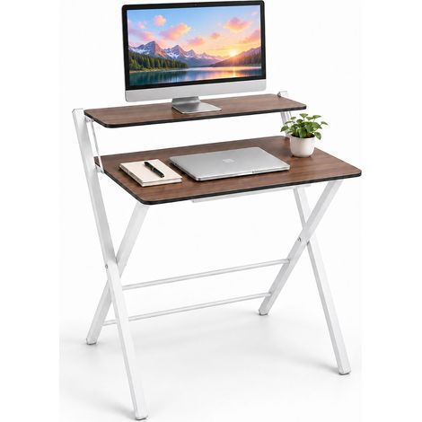 Relaxdays Mesa de Escritorio Plegable con Elevador de Monitor, Teletrabajo, Madera y Metal, 82x70x56 cm, Marrón y Blanco (1/5)