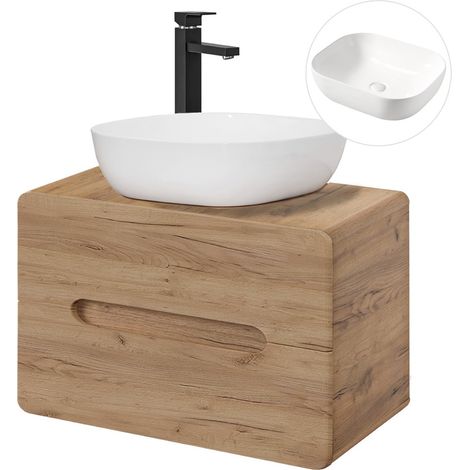 Waschtisch 80 cm Wotan Eiche Nb. LUTON-56-CRAFT Keramik-Waschbecken B/H/T 80/68/46 cm (1/5)