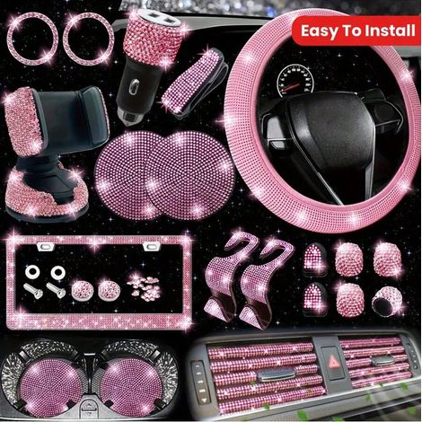 Ensemble de décoration de volant de voiture avec faux diamants, rose, housse protectrice de volant avec faux diamants, nouvelle tendance, joli, pour femmes - Noir (1/4)