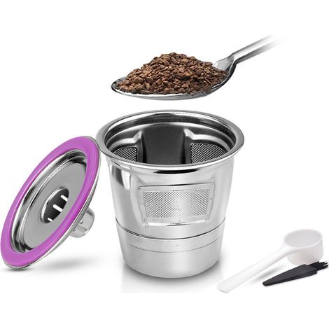 Capsule café acier inox 304 réutilisable remplissable filtre set compatible Keurig 2.0 1.0 Mini Plus argent violet 15.5g 5x4.5cm 1 capsule 1 cuillère 8ml 1 brosse (1/5)