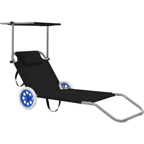 Chaise longue pliable à roulettes tissu noir et métal Durra (1/5)