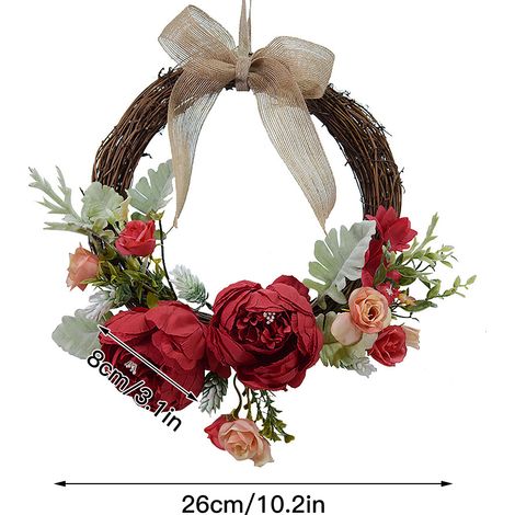 Künstlicher roter Pfingstrosenkranz aus Satin, Rattanring, 26 cm Durchmesser, 8 cm Blüten (1/5)