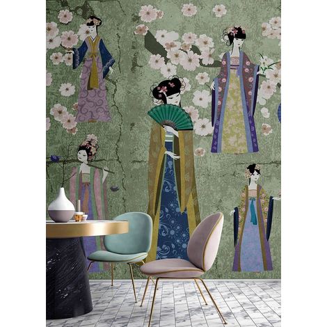 Papier peint panoramique multicolore | Tapisserie panoramique japonaise pour salle de bain | Papier peint panoramique fleur de cerisier et femmes - 270 x 500 cm (5 pièces) (1/5)