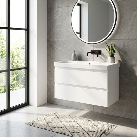 B-Way 99x50x45 cm mobile da bagno sospeso 2 cassetti con lavabo in ceramica, bianco lucido (BWAY2100WU1BI)