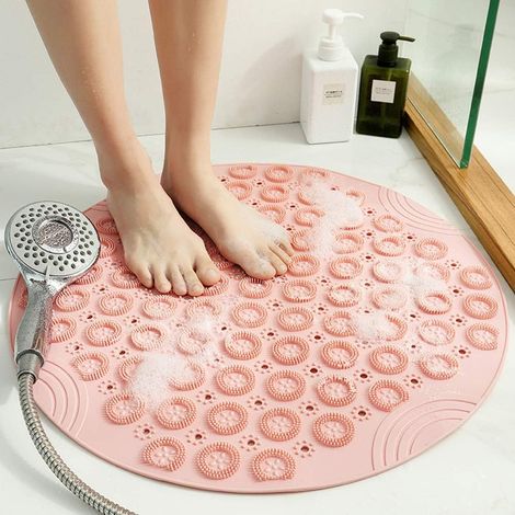 PVC Tapis de Bain de Massage Rond Tapis Douche Antidérapant Tapis de Salle de Bain Antibactérien Tapis de Douche Lavable en Machine Tapis de Baignoire avec Trous de Drainage et Ventouses,55x55cm,rose- (1/5)