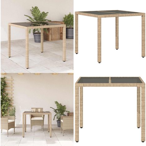 Mesa de jardín superficie de vidrio ratán PE beige 90x90x75 cm - Ratán sintético - Vidrio templado