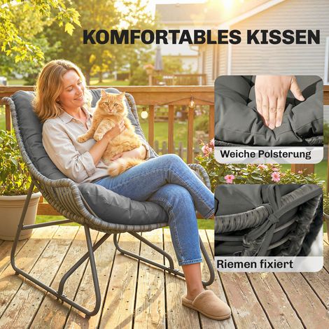 Fauteuil en polyrotin rembourré avec coussin à sangles, siège d'extérieur en osier synthétique supportant jusqu'à 120 kg (1/4)