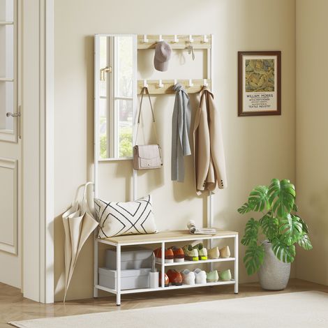 Porte-chaussures 98x34x186 cm naturel avec miroir, 3 étagères, banc, 10 crochets réglables, style moderne pour couloir