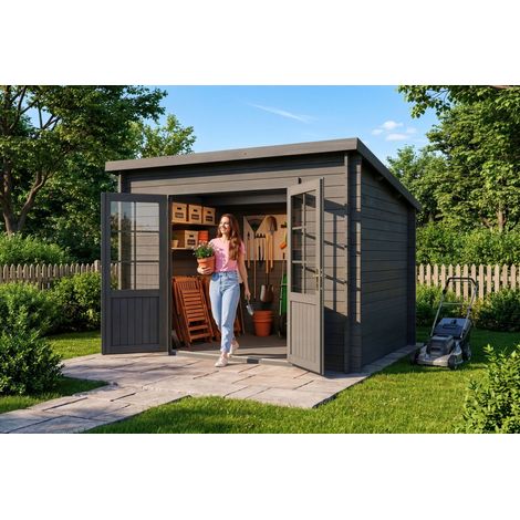 Alpholz Pultdach Gartenhaus Maria Gartenhaus aus Holz in Grau, Holzhaus mit 40 mm Wandstärke, Blockbohlenhaus mit Montagematerial
