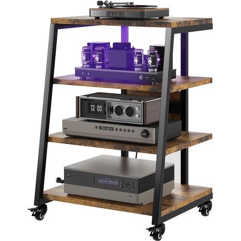 Meuble HiFi avec rallonge multiprise, étagère réglable, lumières LED, roues 4 Étagères en Bois avec Support Audio pour Audio/Vidéo/Tourne Disque/TV Stéréo/Lecteur DVD, Capacité de Charge 50 kg (1/5)
