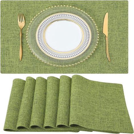 Ensemble de 6 sets de table en mélange coton-lin. Sets de table lavables, style champêtre, pour l'intérieur et l'extérieur, faciles à nettoyer, vert gazon, 30 x (1/5)