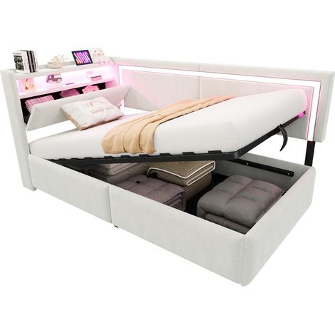 Canapé lit 90 x 200 cm en velours beige, avec LED, ports USB et coffre hydraulique sous le lit, tête de lit avec rangements intégrés pour chambre moderne – CHICFURN (1/5)