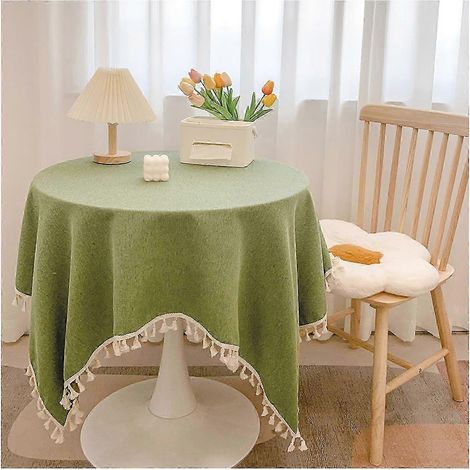 Nappe ronde en coton et lin avec franges lavable couleur unie pour la décoration de la cuisine et de la salle à manger - 60 x 90 cm - Vert herbe (1/5)