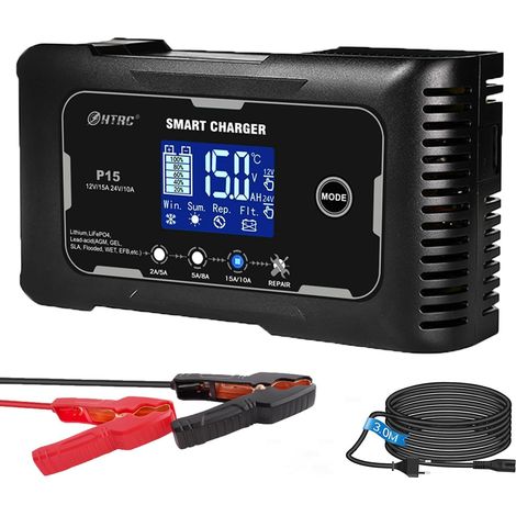 15A Chargeur de Batterie de Voiture, 12V et 24V Mainteneur de Batterie Entièrement Automatique, Chargeur de Trickle pour Camions, Motos, Batteries Marines au Lithium et au Plomb - P15 (1/5)