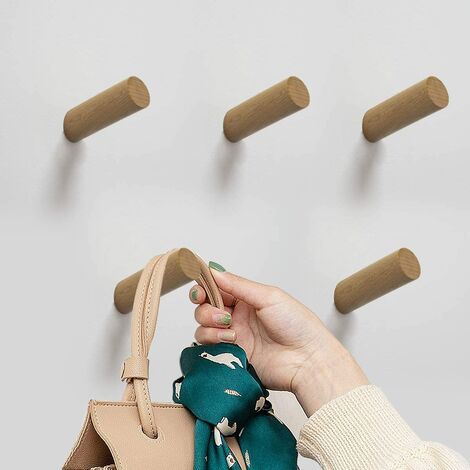 Green Mobility-Porte-Manteaux En Bois Crochets Cintre Mural En Chêne Massif Pour Entrée, Chambre, Couloir, Dressing, Décoration De Salon Noyer Noir Naturel 8CM - 5 Pièces (Naturel) (1/5)