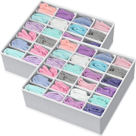 Lot de deux boîtes de rangement pour vêtements et chaussettes, 24 séparateurs de tiroirs, gris (1/4)