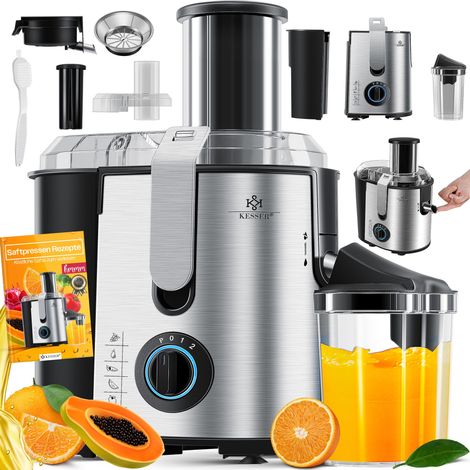 KESSER® Entsafter für Obst und Gemüse aus Edelstahl 1100W große 85 mm Einfüllöffnung inkl. Reinigungsbürste und Saftbehälter 3 Geschwindigkeitsstufen Silber / Silber