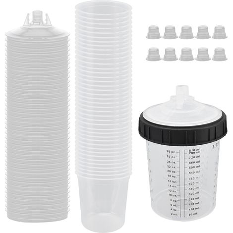 Jeu de liners et bouchons pour pistolets de peinture - Lot 40x liners 810ml/28oz + 40 bouchons filtrants + 1 cup dur gradué + 10 bouchons + 1 anneau de fixation