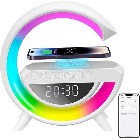 Lampe charge sans fil Veilleuse RVB multifonctionnelle Station charge sans fil Haut parleur Bluetooth Réveil numérique pour chambre (1/4)