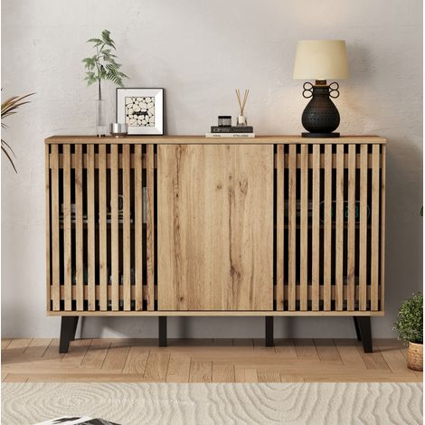Aparador de aglomerado efecto madera natural 150x40x95 cm, 3 puertas y 6 compartimentos (1/5)