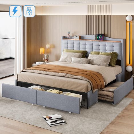 Letto matrimoniale 160x200 cm, con 4 cassetti, funzione di ricarica USB, tessuto lino, stile moderno, letto matrimoniale capitonnato - Grigio