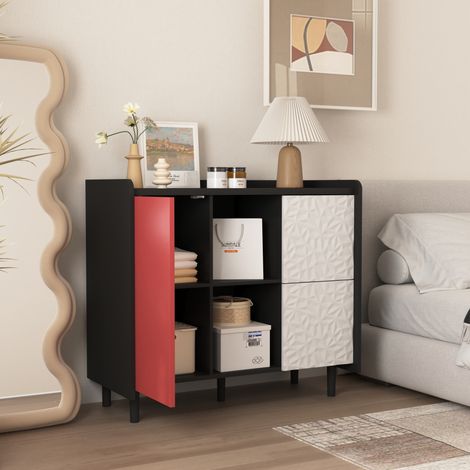 Credenza 40x90x80 cm nero e rosso in MDF con 2 cassetti, 2 scomparti aperti e mobile chiuso (1/5)