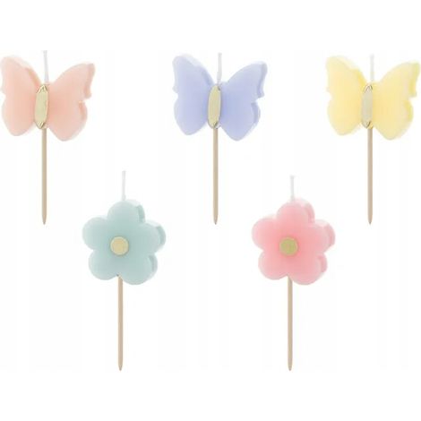 Geburtstagskuchenkerzen, bunte Schmetterlinge, Blumen, Frühlingswiese, 5 Stück. (1/2)