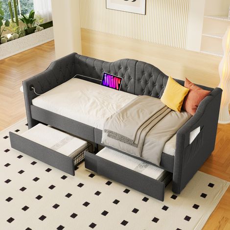 Cama de día tapizada 90/200 cm gris de lino con USB-C y 2 cajones (1/5)