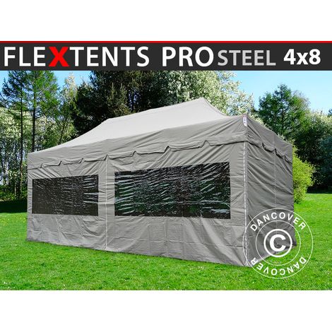 Pop up gazebo FleXtents PRO Steel "Peaked" 4x8 m Latte, incl. 6 sidewalls