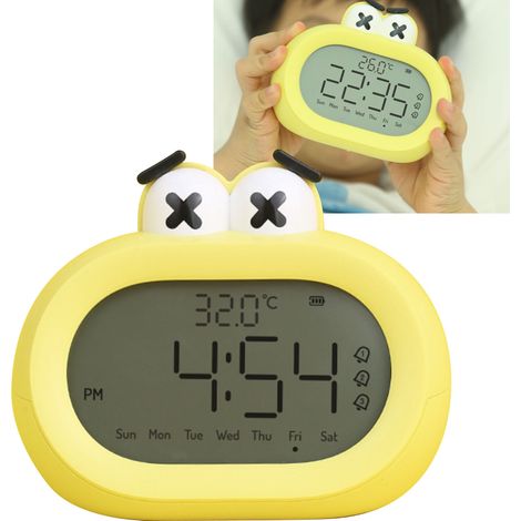 Réveil enfant avec veilleuse LED, motif dessin animé mignon et intelligent, fonctionnant à piles, jaune.