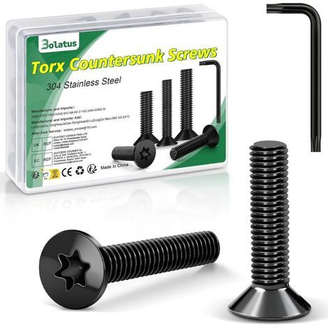 Lot de 20 vis à tête fraisée M6 x 20 mm, noires, en acier inoxydable 304, avec clé Torx et boîte conformes à la norme ISO 14581, pour machines et appareils, installations extérieures, meubles (1/5)
