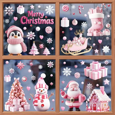 Autocollants de Noël pour fenêtres, 9 feuilles roses, Père Noël, bonhomme de neige, pingouin, flocon de neige, sapin de Noël (1/5)