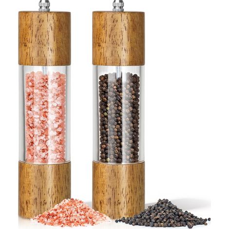Moulin à poivre, lot de 2 moulins à sel et poivre en bois – 20 cm, mécanisme manuel en céramique réglable, corps en acrylique rechargeable, mouture réglable (de gros à fin) (1/5)
