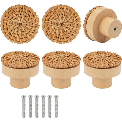 Lot de 6 boutons de meubles en rotin 4 x 3 cm Style vintage Ronds En bois Avec vis Pour armoire, tiroir, salon, armoires de cuisine