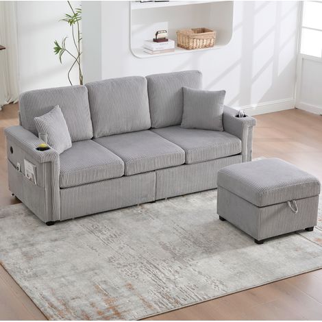 Divano modulare in velluto a coste (panno) con LED, USB/Type-C, un pouf, vano portaoggetti e tasche, grigio chiaro, 194x73x81 cm (1/5)