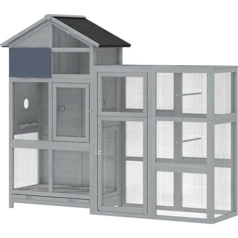Cage à oiseaux en bois équipée de 6 perchoirs, compartiment de rangement, tiroir extractible et bols en acier inoxydable, 196×60×164,5 cm, gris