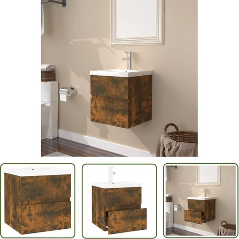 The Living Store Meuble lavabo avec bassin intégré Chêne fumé Bois d'ingénierie - Meuble Lavabo - Meuble Salle De Bain - Vasque Intégrée - Rangement Salle De Bain - Design Moderne (1/5)