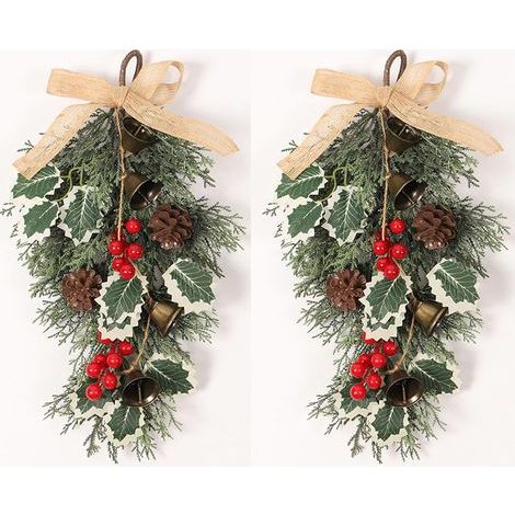 2pcs Couronne de Noël pour porte d'entrée, couronne de porte de Noël - Ornements de cloche de Noël Couronnes de larmes d’hiver,Décor de nœud papillon en grappes de baies rouges, 40cm/15.7 pouces Thank (1/5)