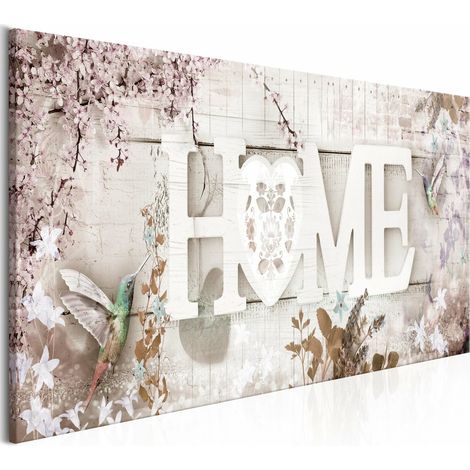 Tableau maison et colibris beige étroit - 120 x 40 cm