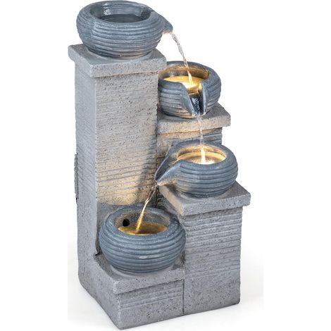 COSTWAY Fontaine de Jardin 4 Niveaux, Fontaine à Eau Zen en Résine avec Éclairage LED, Cascade d'eau Décorative Méditation&Détente, pour Jardin Terrasse Balcon, 28x22x58CM (1/5)