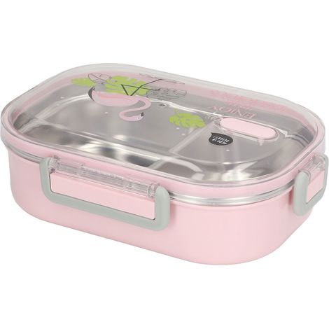 Lunchbox aus Edelstahl 304 mit wärmeisolierten Fächern, Bento-Stil, auslaufsicher und transparent, rosa Vogelmuster, ideal für Kinder und Schüler. (1/5)