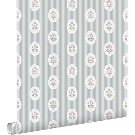 papier peint fleurs et rayures bleu - ESTAhome (1/5)
