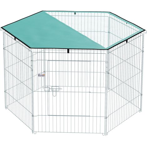 Parc pour chien 6 panneaux avec toit, enclos modulable pliable portable 76H cm, porte argent vert, clôture extérieur pour chien (1/5)