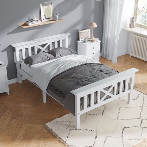Lit Enfant 90x200 Bois Massif Pin Blanc avec Tête de Lit et Sommier à Lattes Intégré - lit simple (Sans Matelas) (1/5)