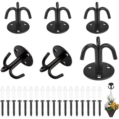 Set di 6 staffe da soffitto con viti, ganci tripli resistenti, staffa da parete nera per appendere piante, ventilatori a soffitto e lampadari.