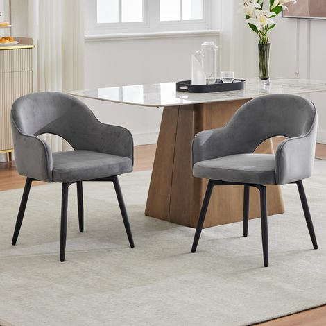 Wahson Lot de 2 chaises en velours gris – Chaise salle à manger moderne avec accoudoirs – Rembourrée, pivotante 360° – Pieds en métal durables, Gris