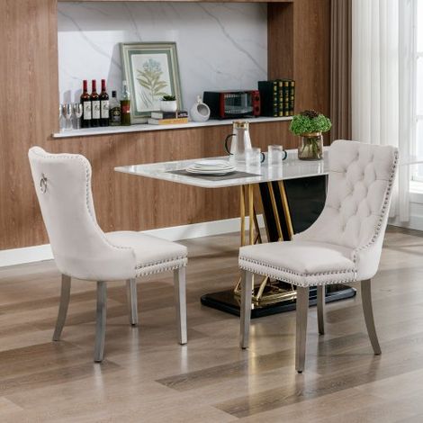 Lot de 2 chaises de salle à manger en bois massif capitonné velours – Pieds en acier inoxydable chromé – Style contemporain beige et chromé (1/4)
