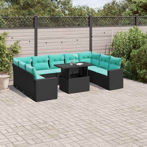 10-teiliges Gartensofa-Set mit Kissen, schwarzes Polyrattan (1/5)